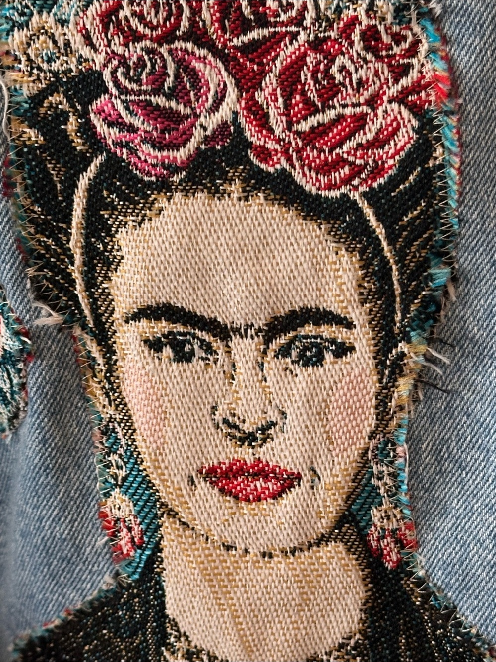 Women's Light Blue Floral Patchwork Jean Jacket Frieda Kahlo portrait